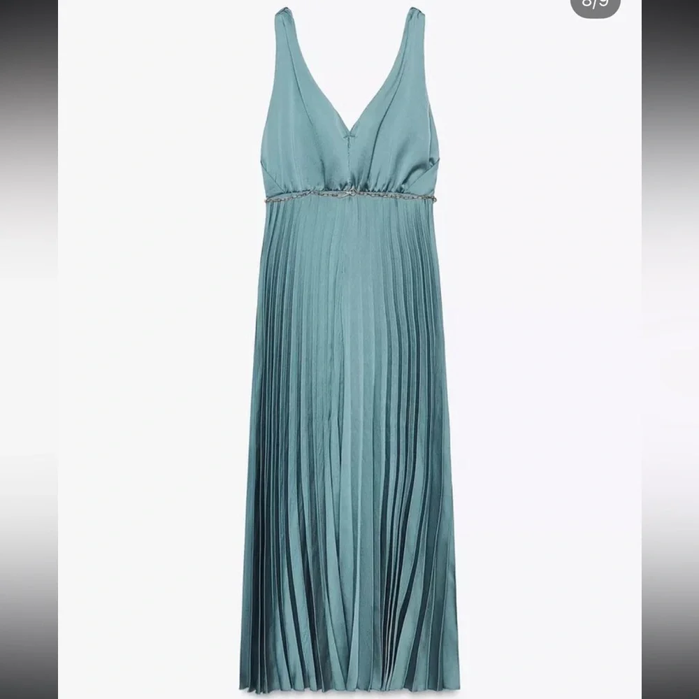 🆕(NWT) ZARA Bloggers Fav Pleated Midi Dress with Belt. XS. Color: Blue Steel - Picture 13 of 16